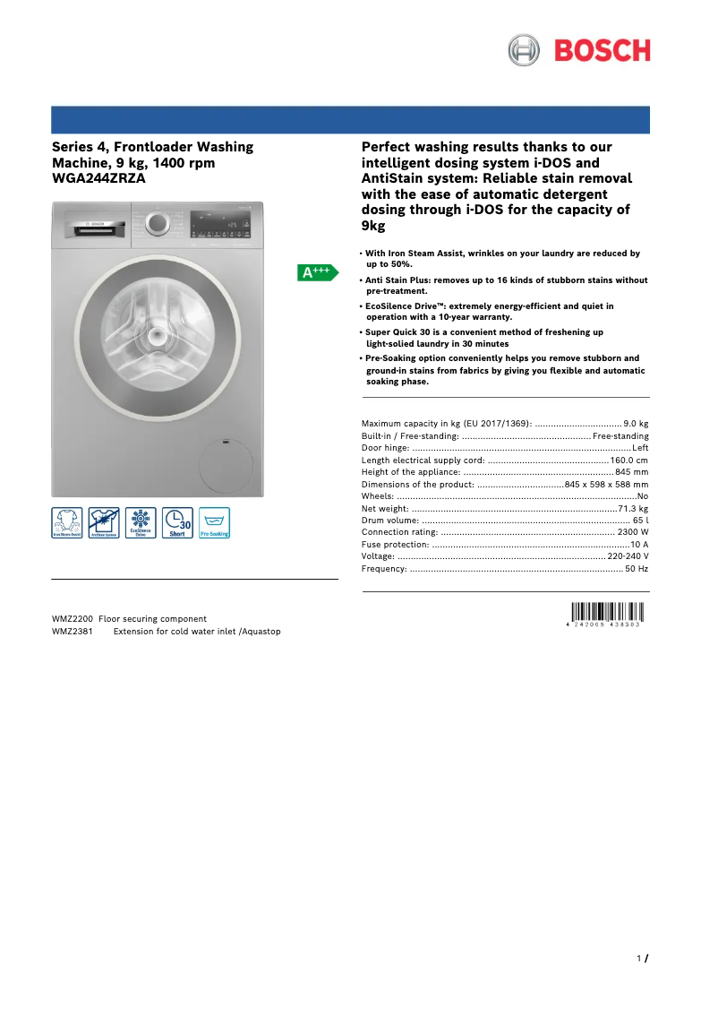 Page 1 de la notice Fiche technique Bosch WGA244ZRZA