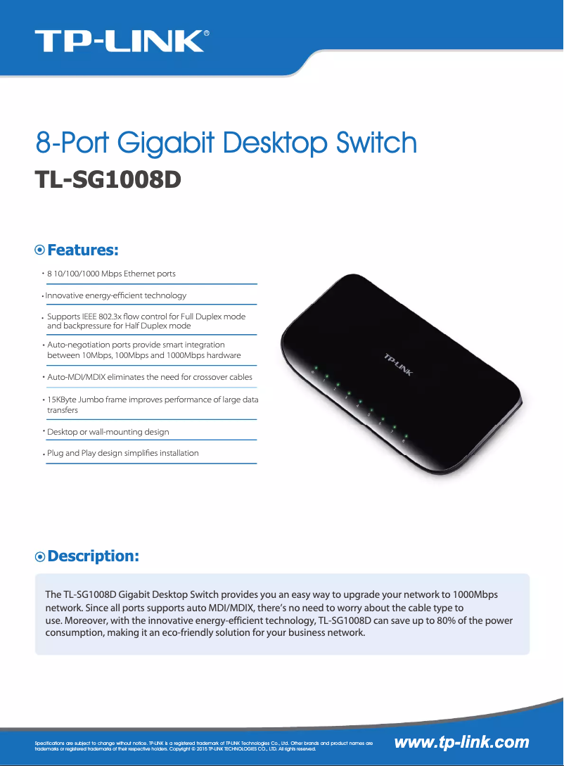 Page 1 de la notice Brochure TP-Link TL-SG1008D