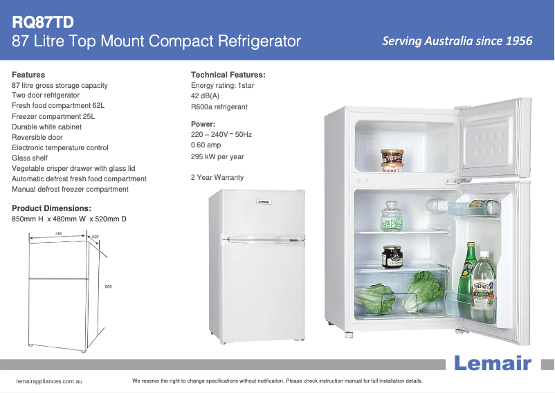 Page 1 de la notice Manuel utilisateur Lemair RQ87TD
