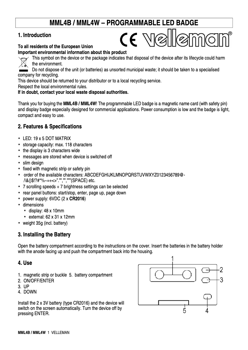 Page 1 de la notice Manuel utilisateur Velleman MML4W