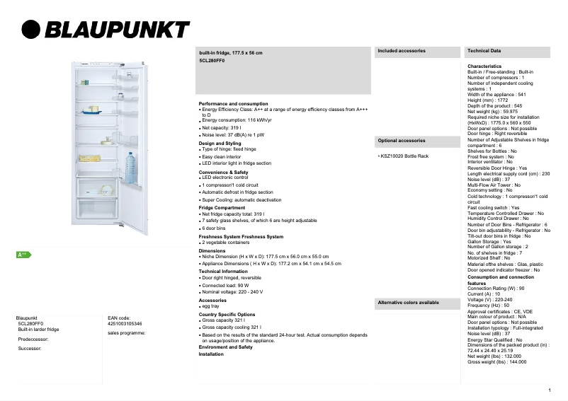 Page 1 de la notice Fiche technique Blaupunkt 5CL280FF0