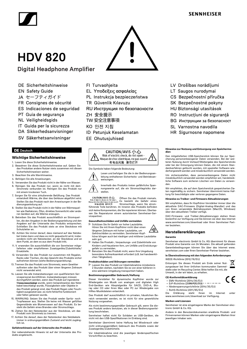 Page 1 de la notice Instructions de sécurité Sennheiser HDV 820
