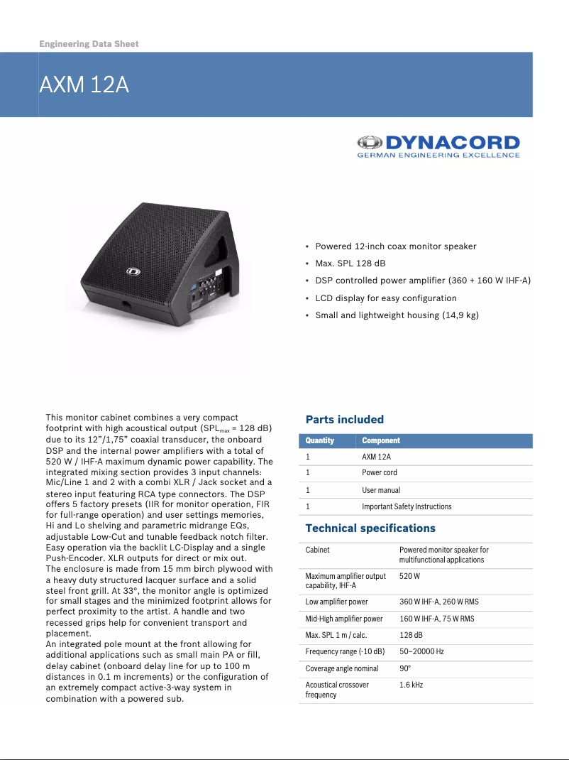 Página 1 del manual Ficha técnica Dynacord AXM 12A