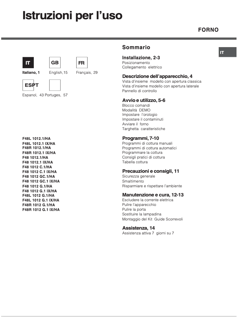 Page 1 de la notice Manuel utilisateur Hotpoint Ariston F48L 1012 G.1 IX /HA
