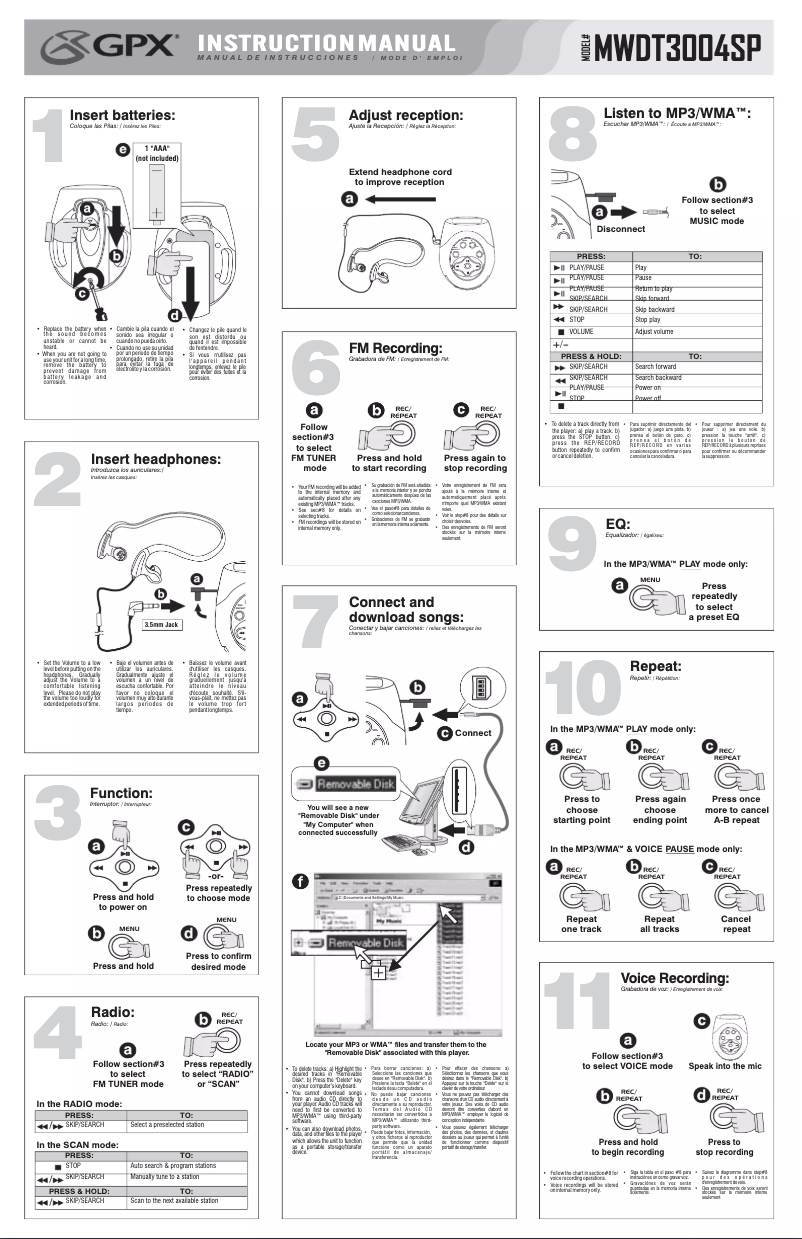 Page 1 de la notice Manuel utilisateur GPX MWDT3004SP