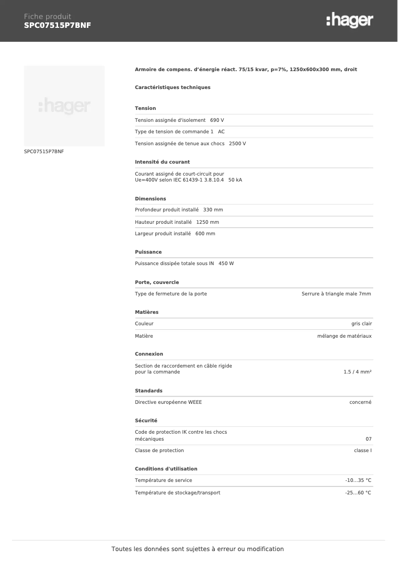 Page 1 de la notice Fiche technique Hager SPC07515P7BNF