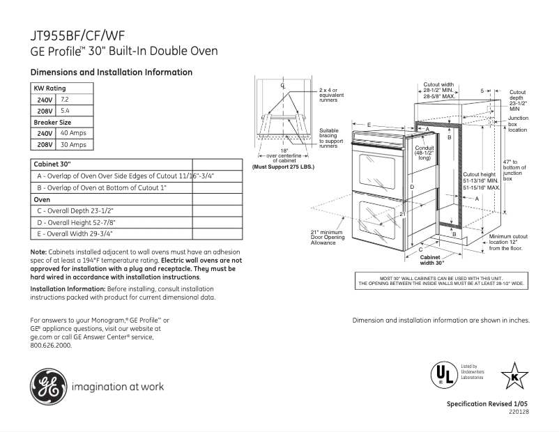 Page 1 de la notice Fiche technique GE JT955BFBB