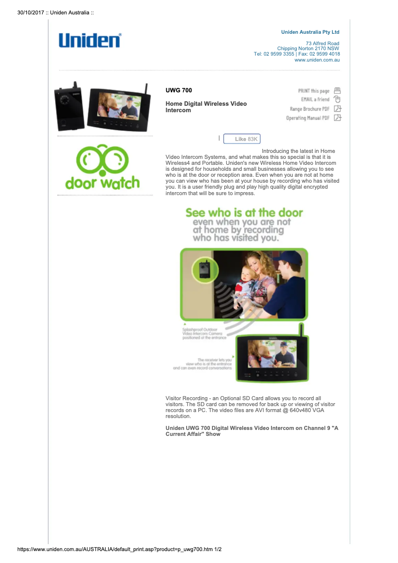 Page 1 de la notice Manuel utilisateur Uniden UWG 700