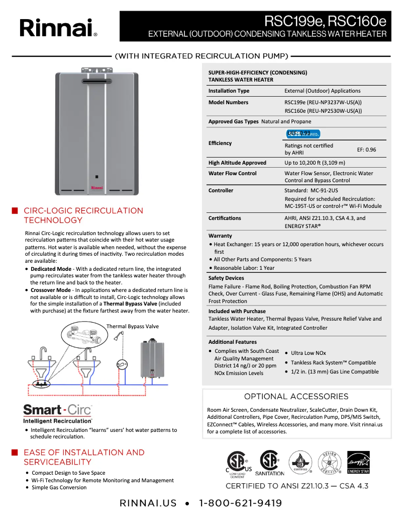 Page 1 de la notice Fiche technique Rinnai RSC199eN