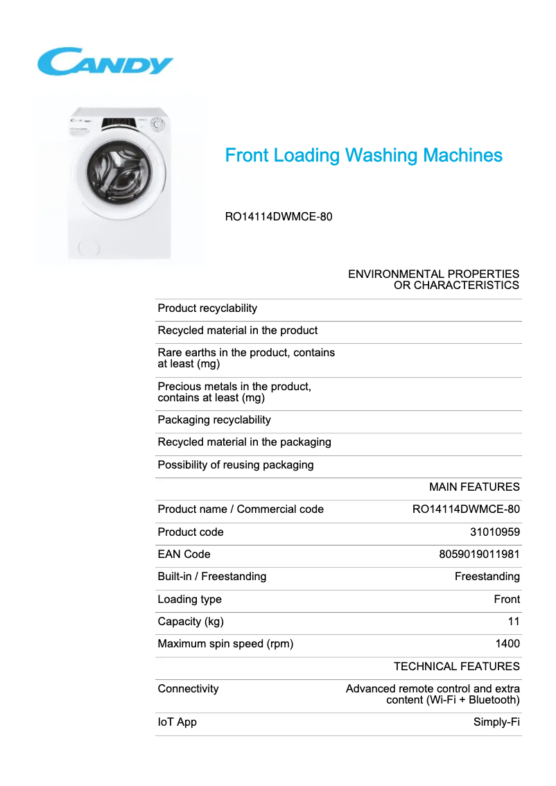 Page 1 de la notice Fiche technique Candy RO14114DWMCE-80