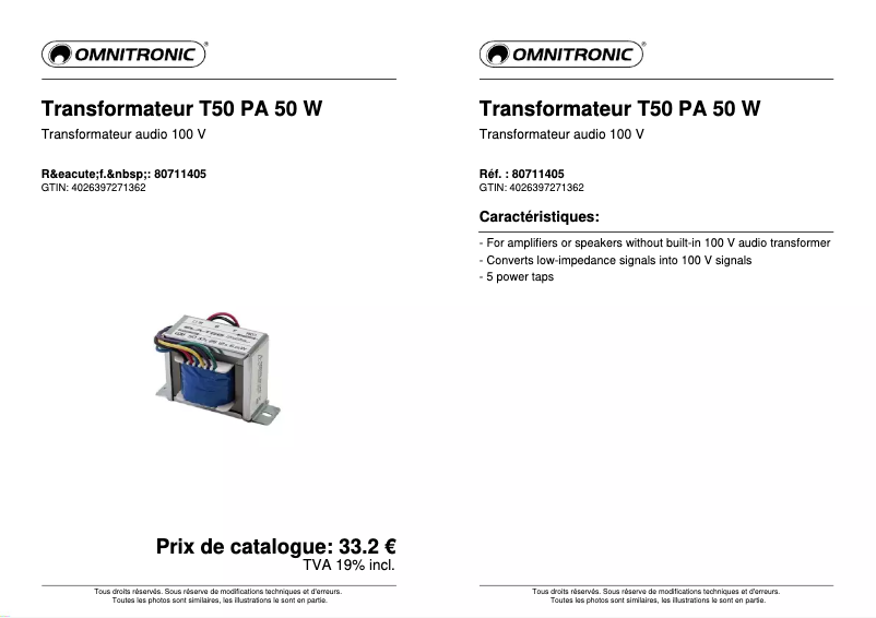Page n°1 - Fiche technique Omnitronic ELA-T50