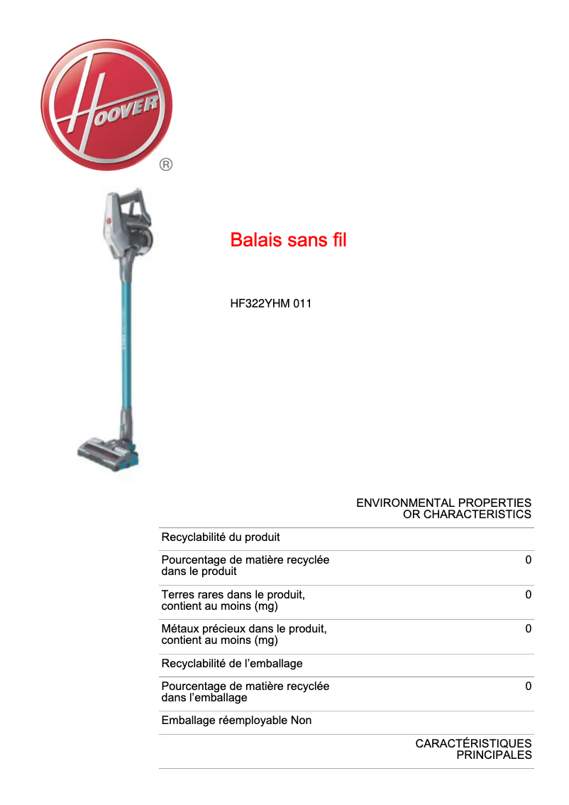 Page n°1 - Fiche technique Hoover H-FREE 300 HYDRO