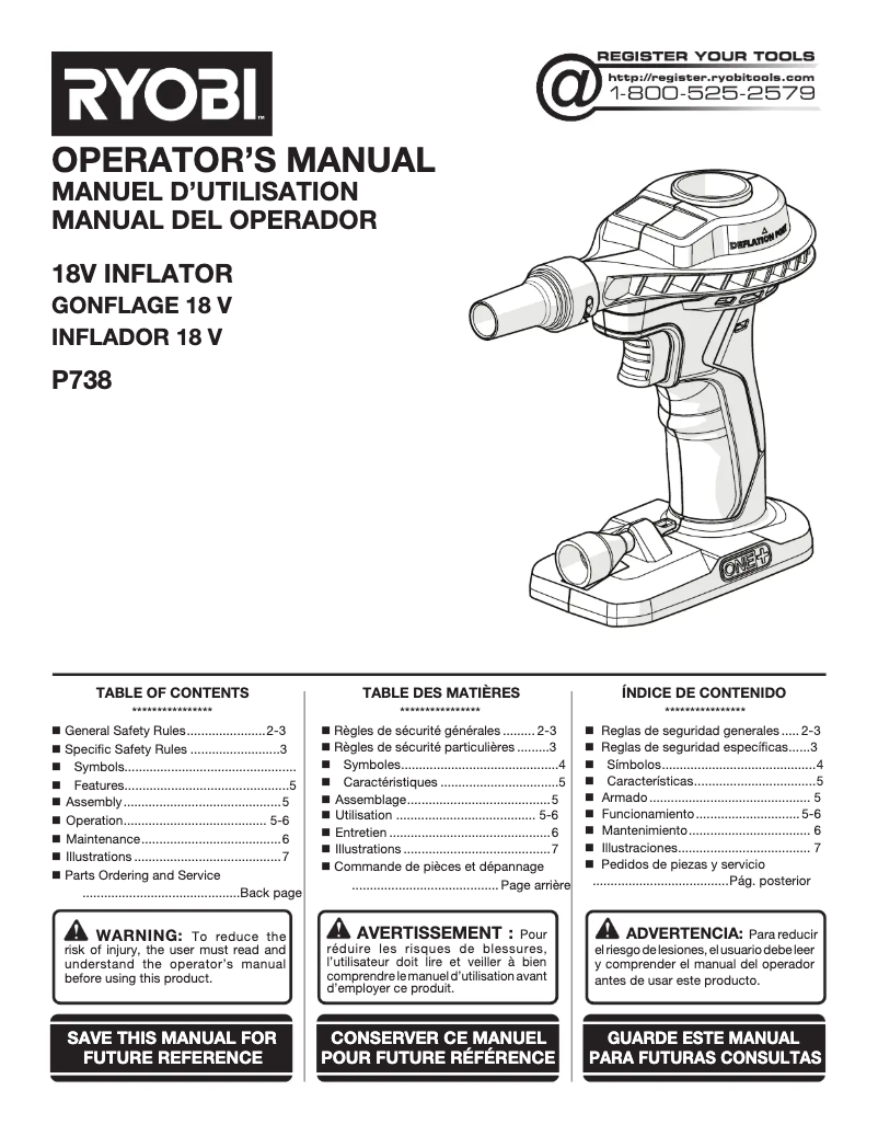 Page 1 de la notice Manuel utilisateur RYOBI P738