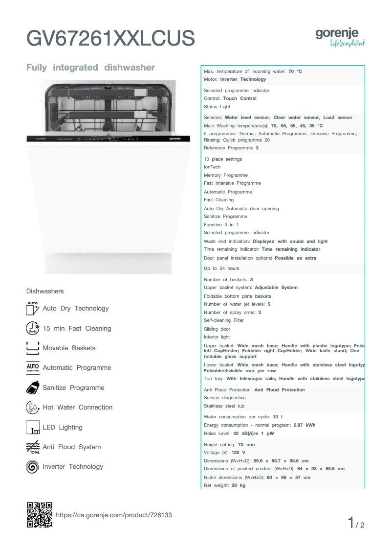 Page n°1 - Fiche technique Gorenje GV67261XXLCUS