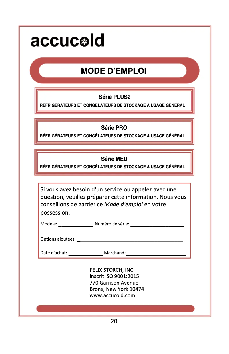 Page 1 de la notice Manuel utilisateur Accucold FF511L7PLUS2ADA
