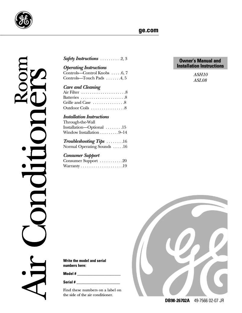 Page 1 de la notice Manuel d'utilisation et d'entretien GE ASH10AK