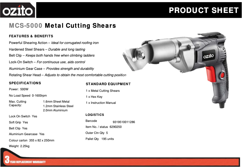 Page 1 de la notice Fiche technique Ozito MCS-5000