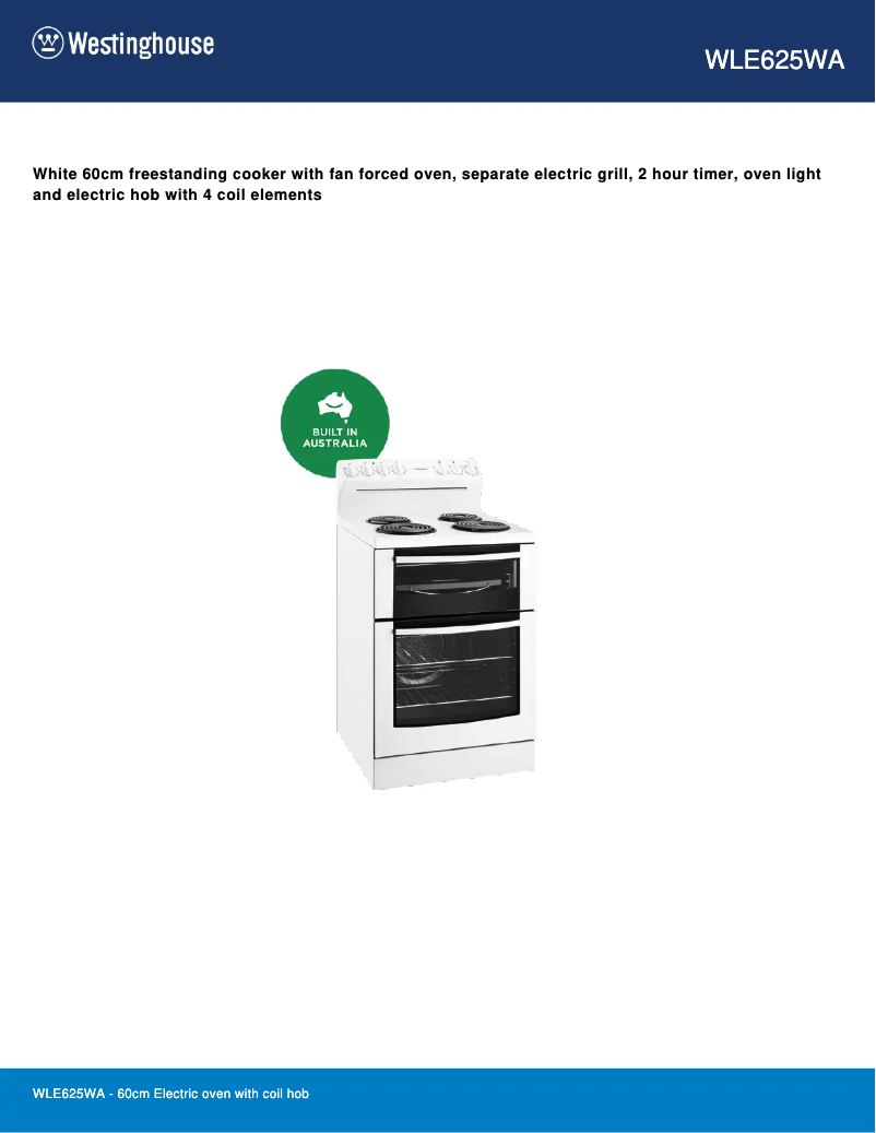 Page 1 de la notice Fiche technique Westinghouse WLE625WA