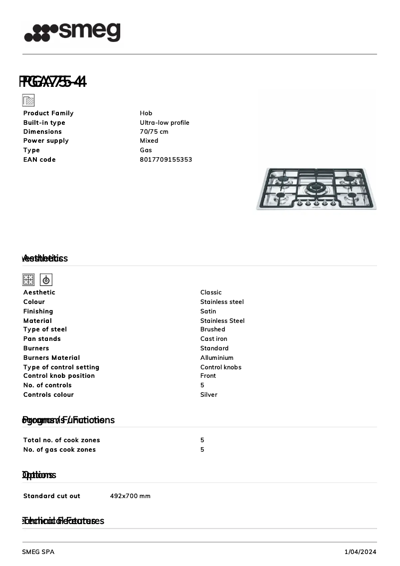 Page n°1 - Fiche technique Smeg PGA75-4
