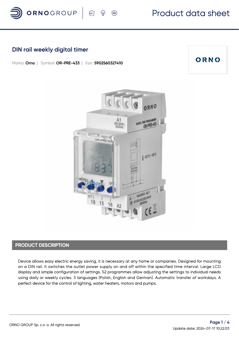 Imagen de la primera página del manual del dispositivo OR-PRE-433
