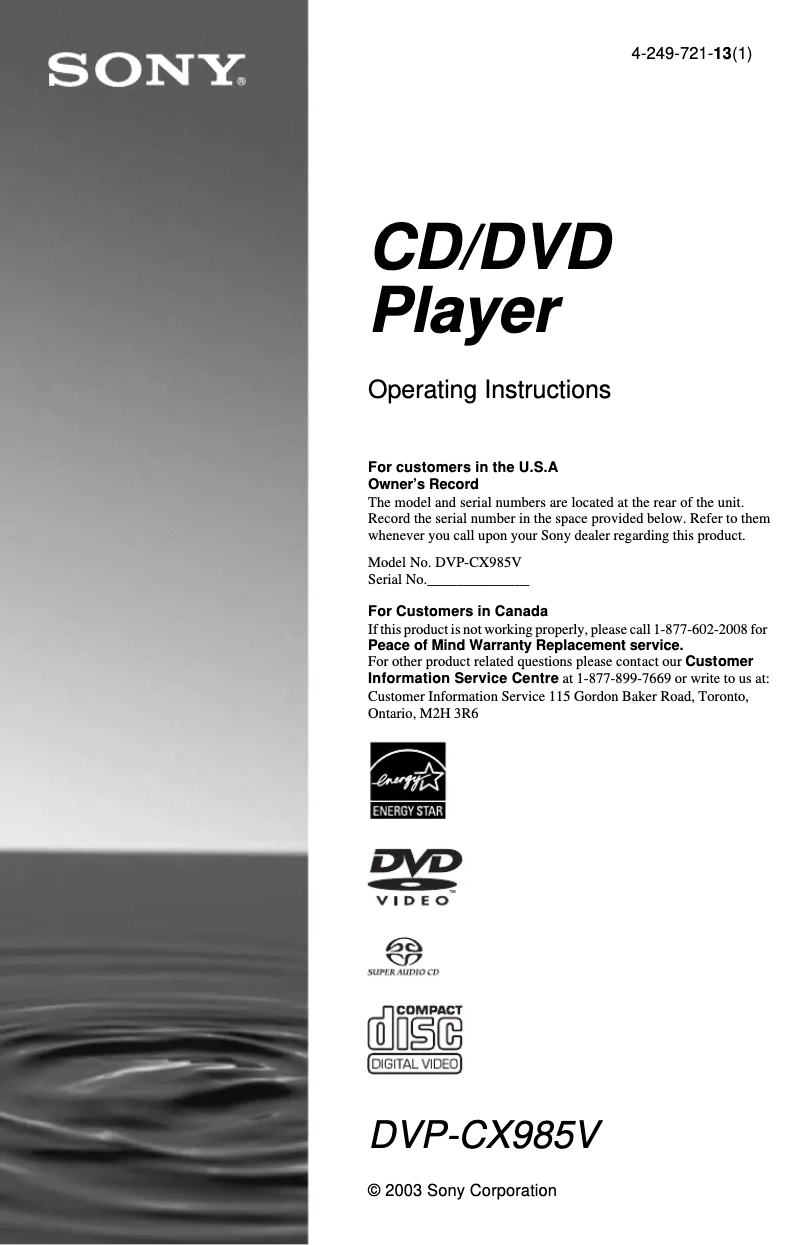 Page 1 de la notice Manuel utilisateur Sony DVP-CX985V