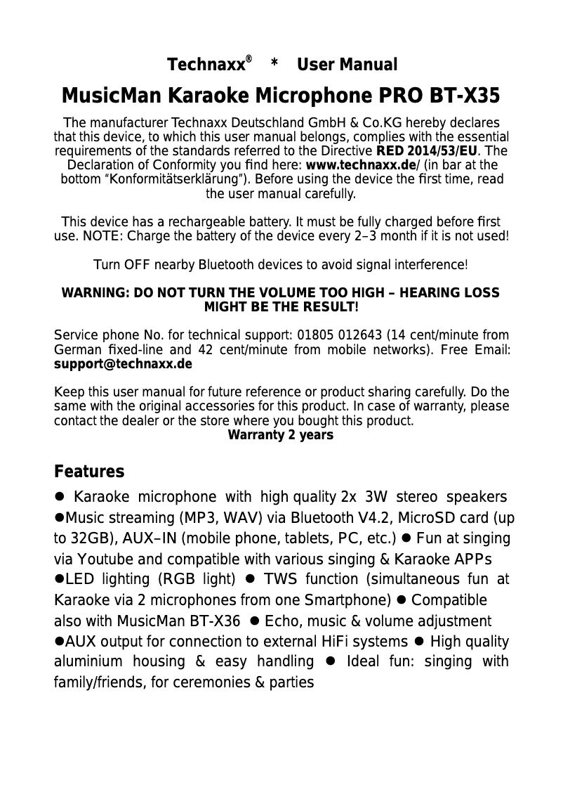 Page n°1 - Manuel utilisateur Technaxx PRO BT-X35