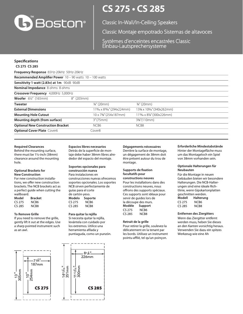 Page 1 de la notice Manuel utilisateur Boston Acoustics CS 285