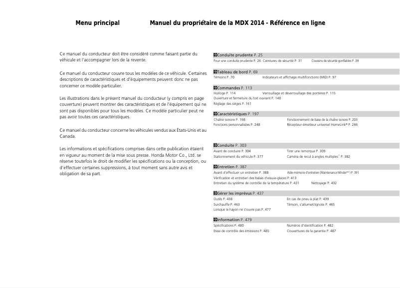 Page 1 de la notice Manuel utilisateur Acura MDX (2014)