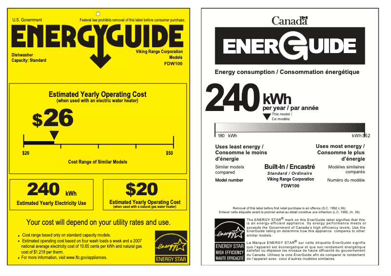 Page 1 de la notice Label énergétique Viking FDW103WS