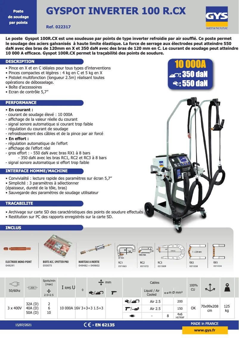 Page 1 de la notice Fiche technique GYS Gyspot 100 R.Cx