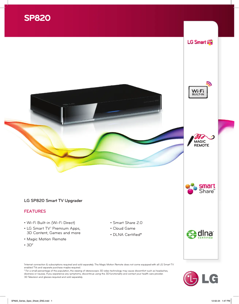 Page 1 de la notice Fiche technique LG SP820