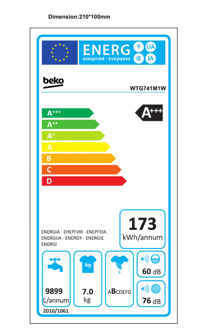 Page 1 de la notice Label énergétique Beko WTG741M1