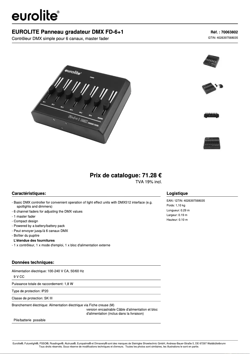 Page 1 de la notice Fiche technique Eurolite FD-6+1