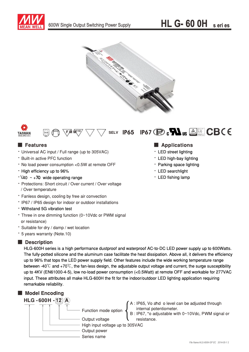 Page n°1 - Mode d'emploi Mean Well HLG-600H-24A
