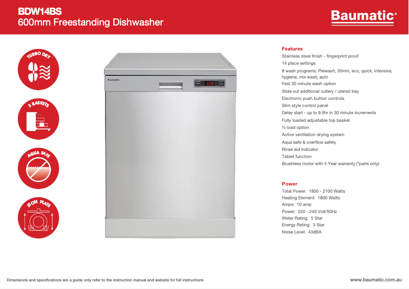 Page 1 de la notice Fiche technique Baumatic BDW14BS