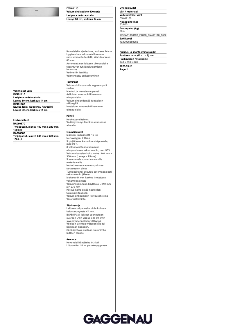 Page n°1 - Fiche technique Gaggenau DV461110