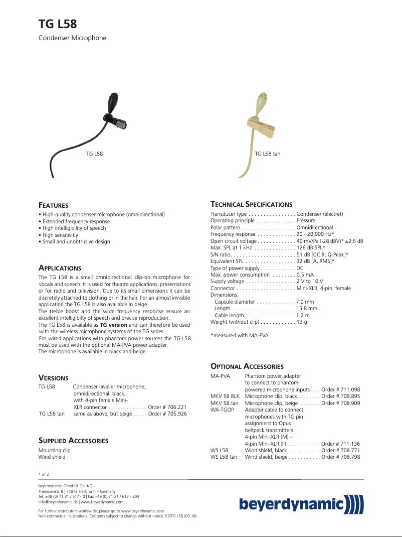 Page n°1 - Fiche technique Beyerdynamic TG L58
