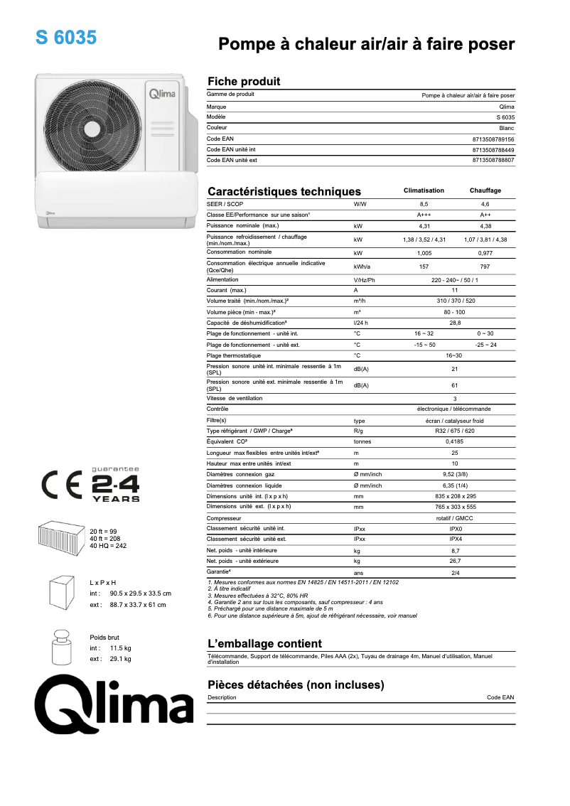 Page n°1 - Fiche technique Qlima S6035