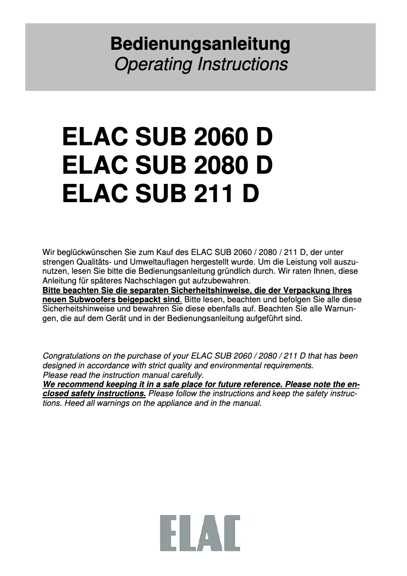 Page 1 de la notice Manuel utilisateur ELAC SUB 211D