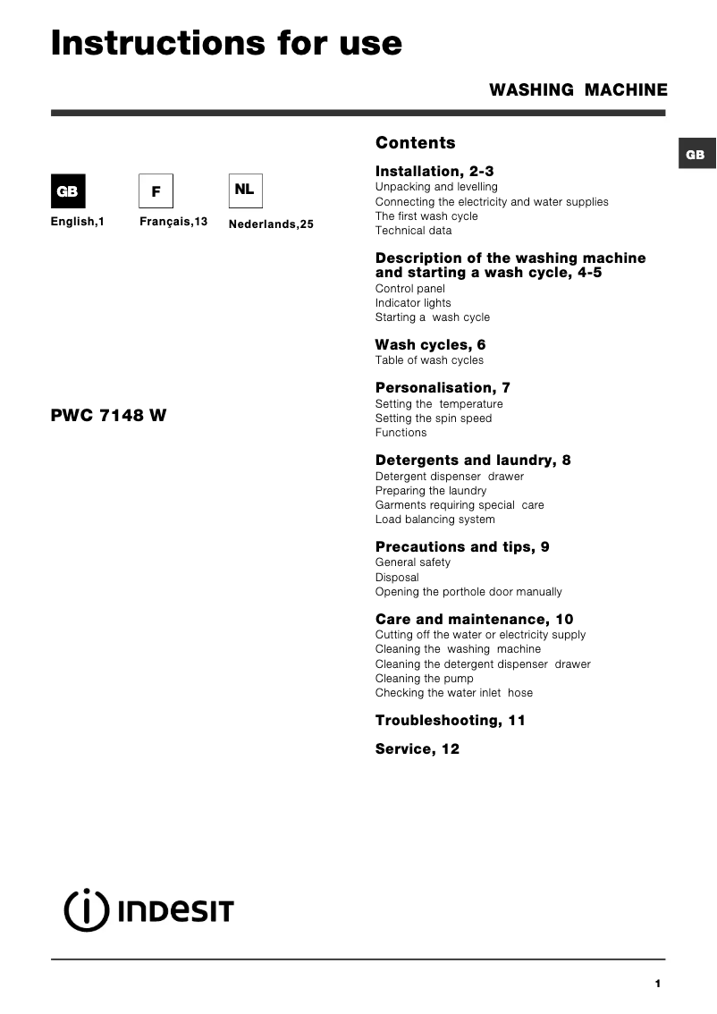 Page n°1 - Manuel utilisateur Indesit PWC 7148 W