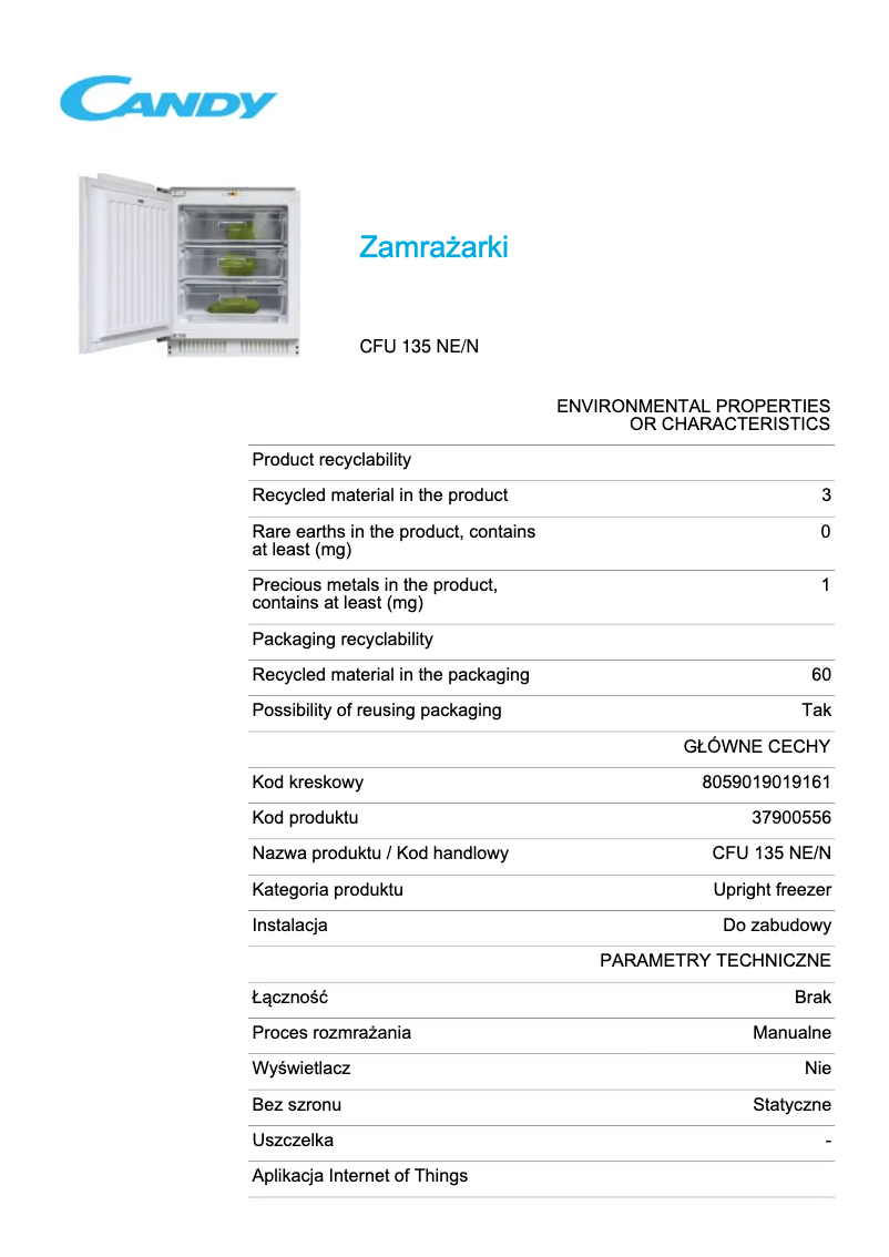 Page n°1 - Fiche technique Candy CFU 135 NE/N
