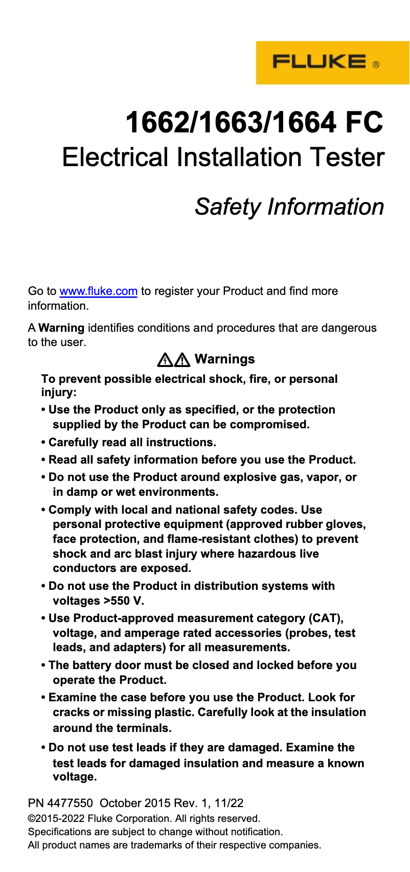 Página 1 del manual Instrucciones de seguridad Fluke 1663