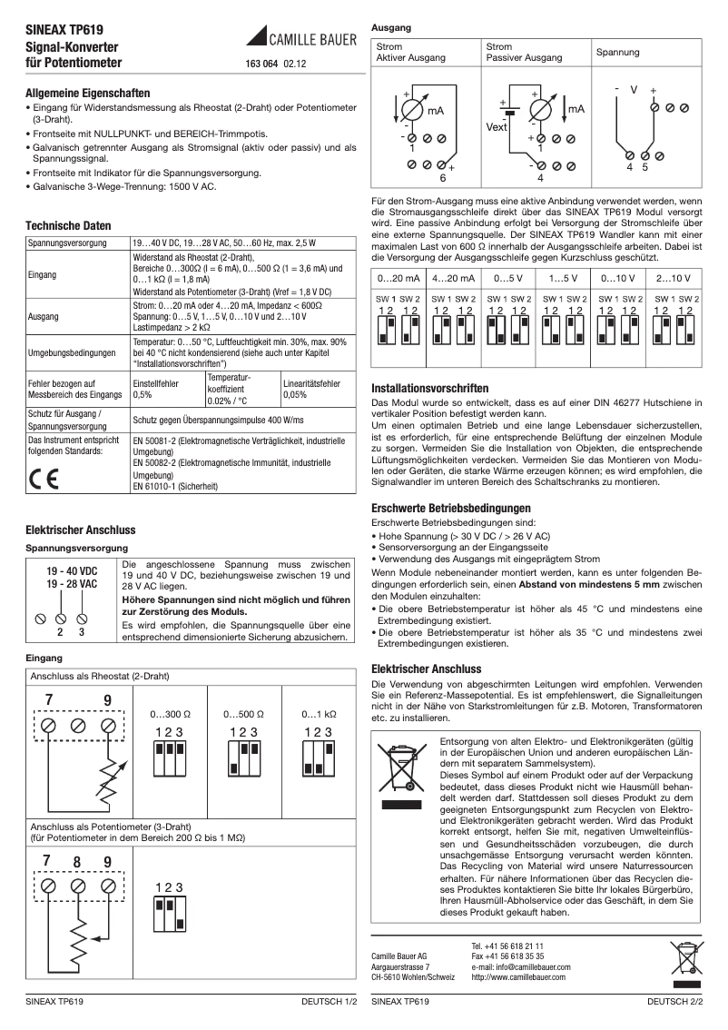 Page 1 de la notice Manuel utilisateur Camille Bauer SINEAX TP619