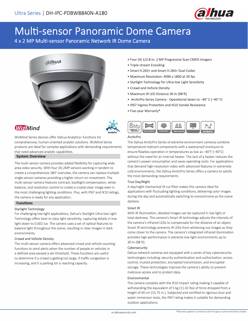 Page 1 de la notice Fiche technique Dahua Technology DH-IPC-PDBW8840N-A180