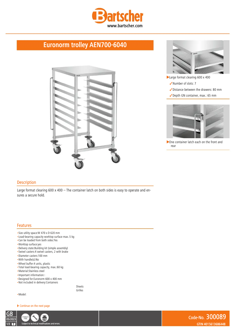 Page 1 de la notice Fiche technique Bartscher AEN700-6040