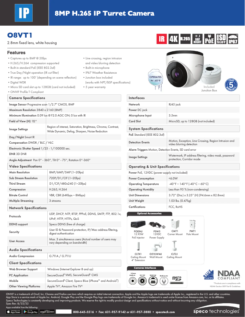 Page 1 de la notice Fiche technique Speco Technologies O8VT1