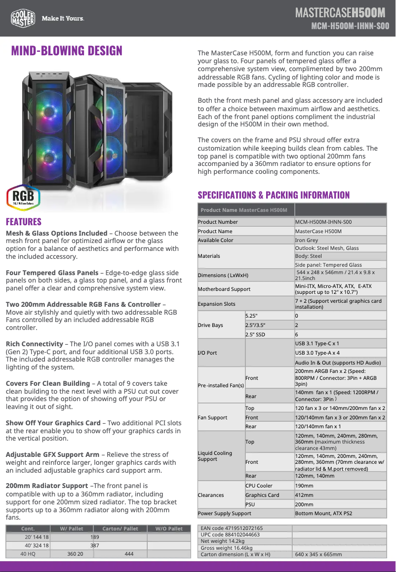 Page n°1 - Fiche technique Cooler Master MasterCase H500M