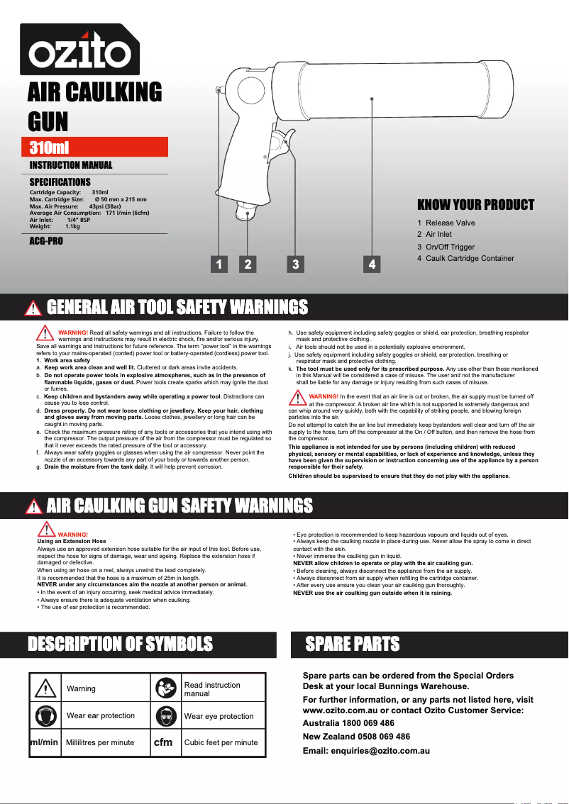 Page 1 de la notice Manuel utilisateur Ozito ACG-PRO
