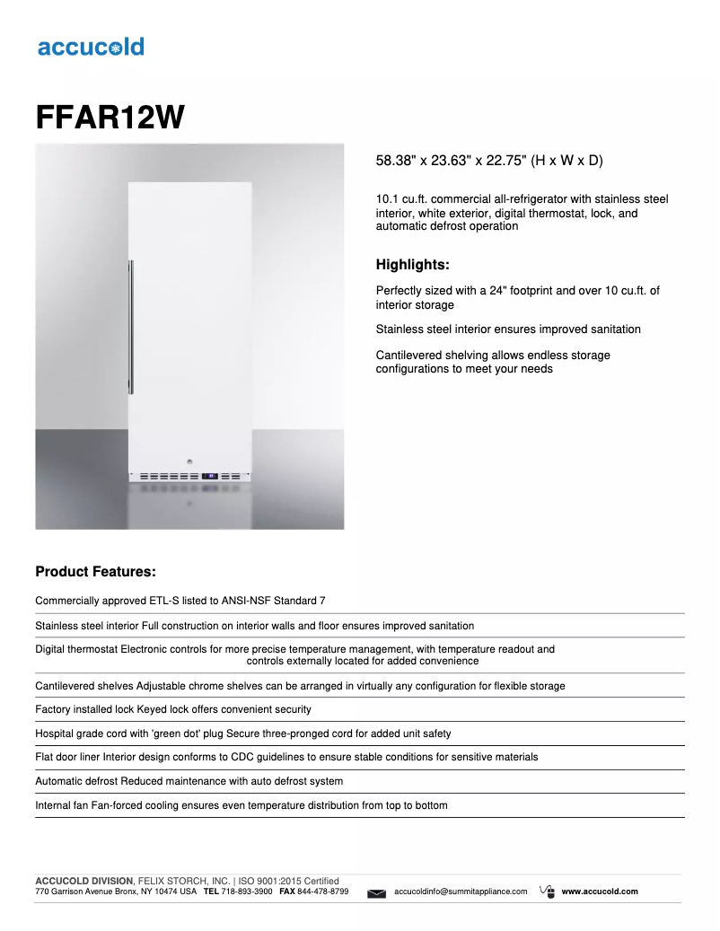 Página 1 del manual Ficha técnica Summit Accucold FFAR12W