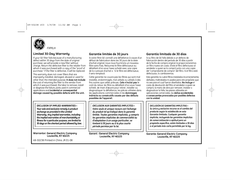 Page n°1 - Manuel utilisateur GE FXMLH